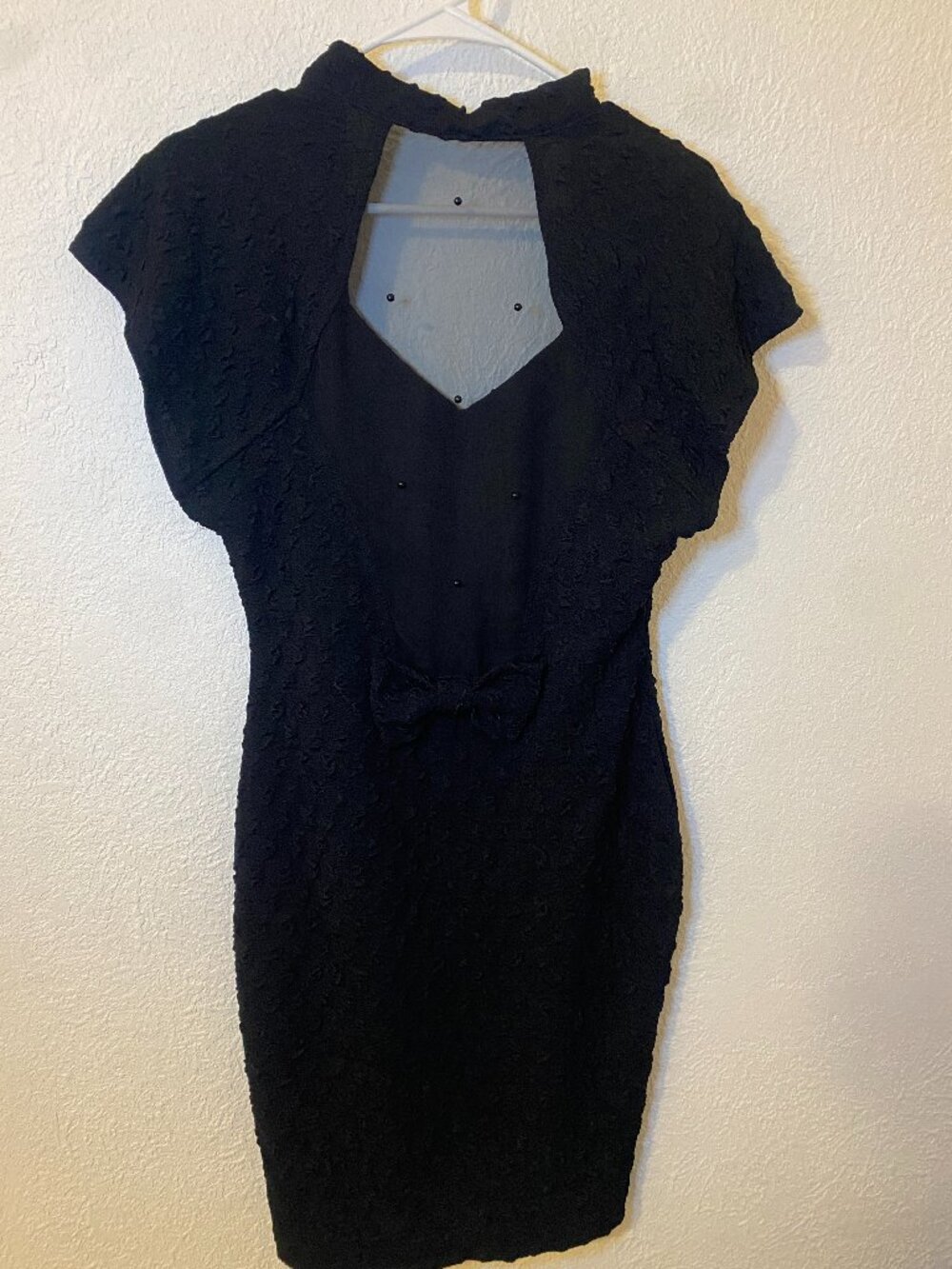 Vintage 80s Black Bodycon Dress Beaded Cutout Back Bow Made in California